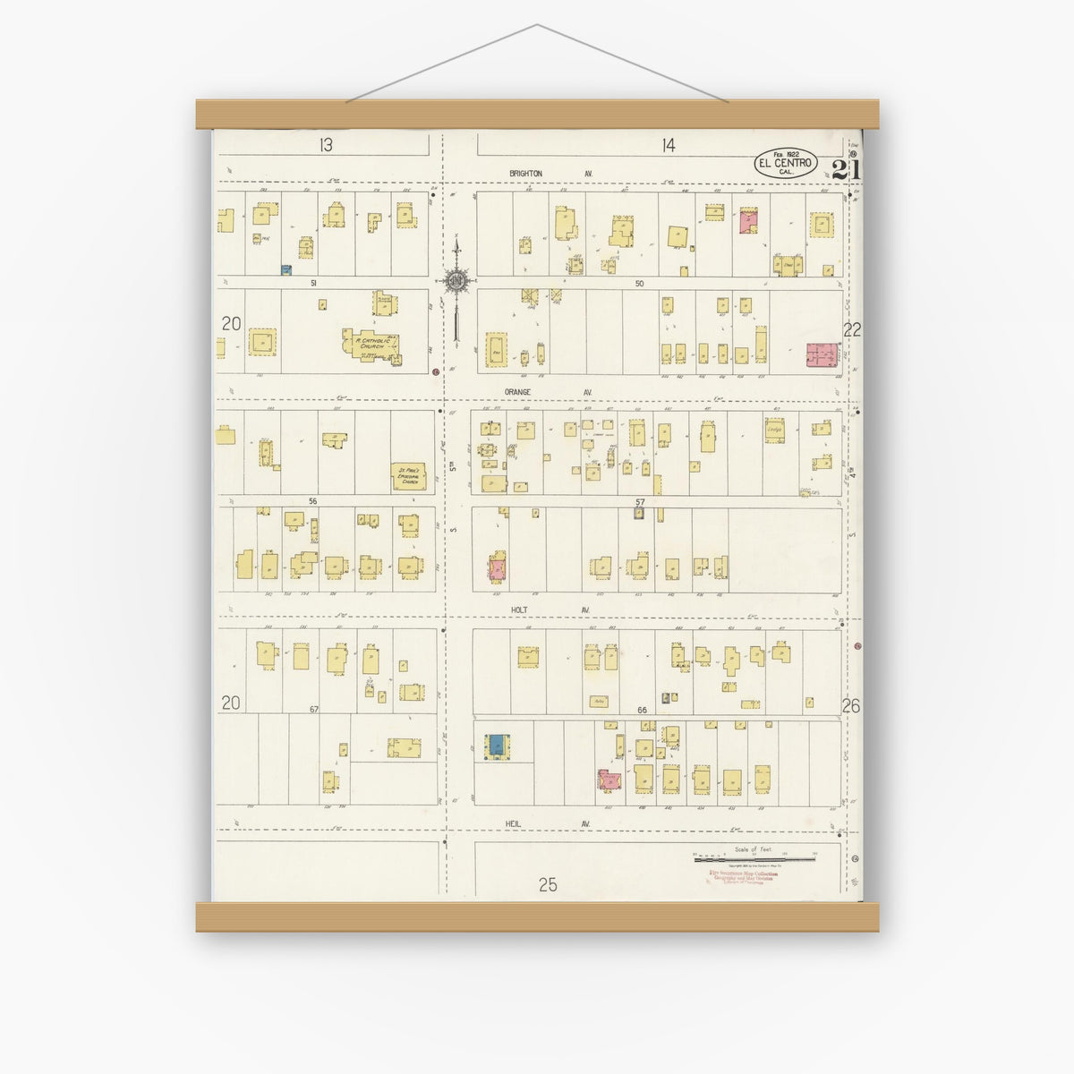 Old map wall art mockup — magnetic wood frame on white wall — Sanborn Fire Insurance Map from El Centro, Imperial County, California (1922), Sheet #0021