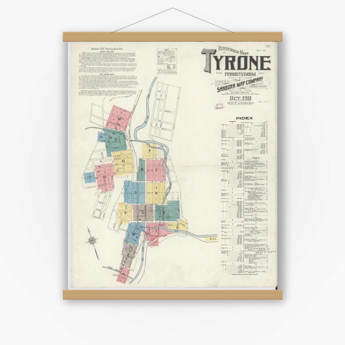 Old map wall art mockup — magnetic wood frame on white wall — Sanborn Fire Insurance Map from Tyrone, Blair County, Pennsylvania (1911), Sheet #0001