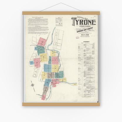 Old map wall art mockup — magnetic wood frame on white wall — Sanborn Fire Insurance Map from Tyrone, Blair County, Pennsylvania (1911), Sheet #0001