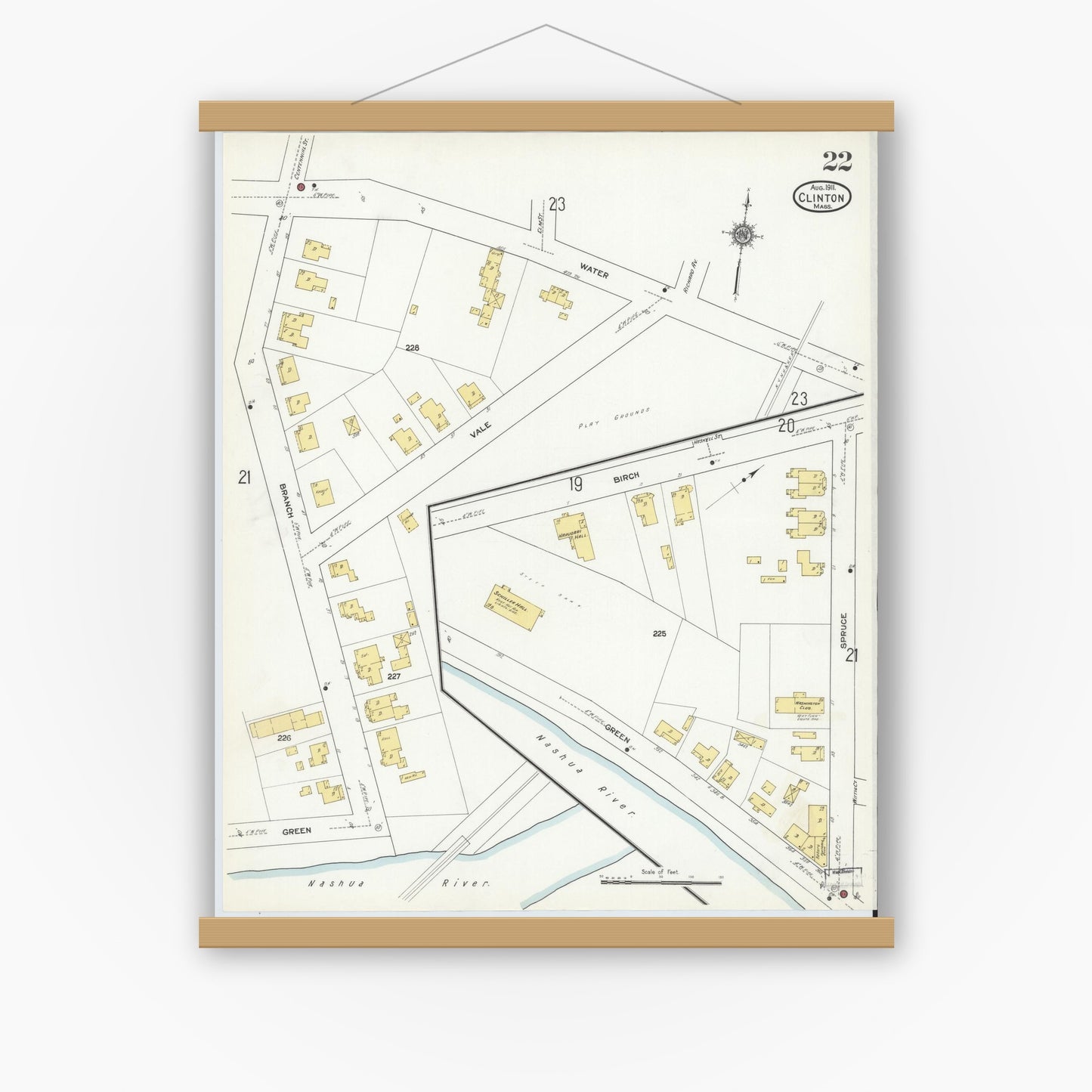 Old map wall art mockup — magnetic wood frame on white wall — Sanborn Fire Insurance Map from Clinton, Worcester County, Massachusetts (1911), Sheet #0022