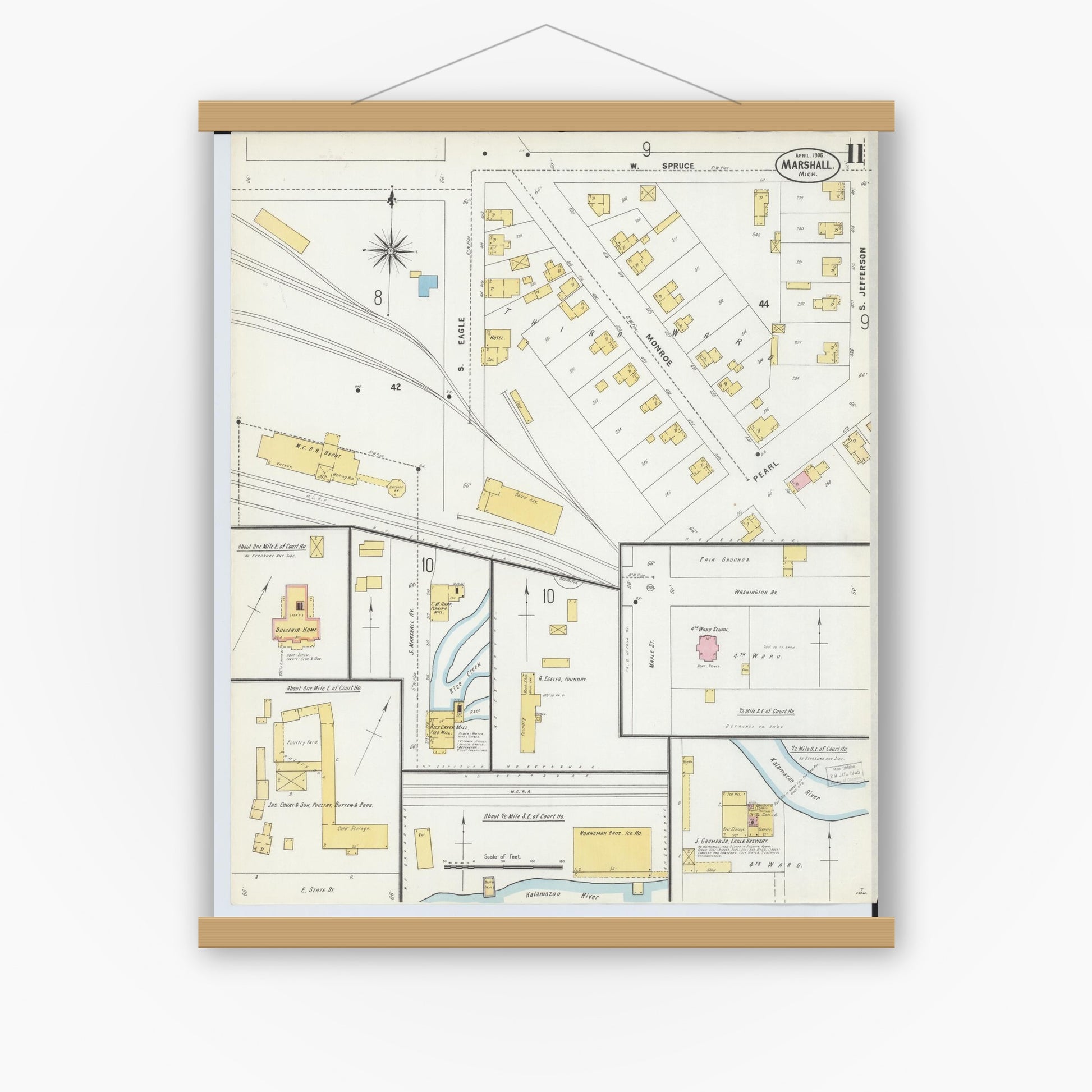 Old map wall art mockup — magnetic wood frame on white wall — Sanborn Fire Insurance Map from Marshall, Calhoun County, Michigan (1906), Sheet #0011