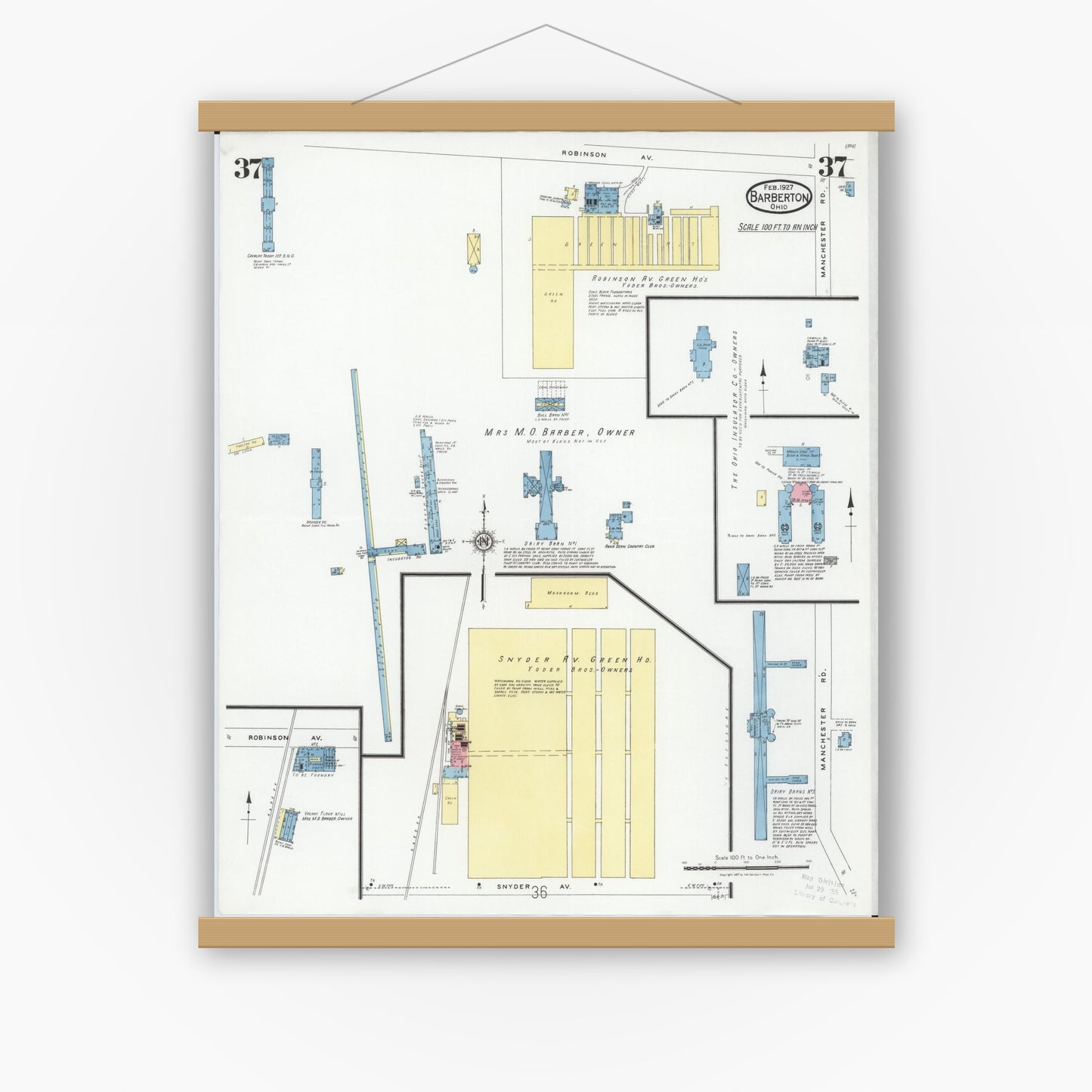 Old map wall art mockup — magnetic wood frame on white wall — Sanborn Fire Insurance Map from Barberton, Summit County, Ohio (1927), Sheet #0037