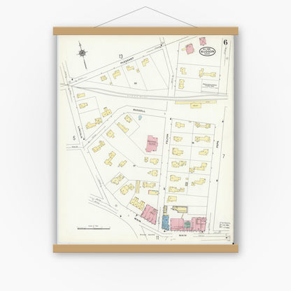 Old map wall art mockup — magnetic wood frame on white wall — Sanborn Fire Insurance Map from Hudson, Middlesex County, Massachusetts (1909), Sheet #0006