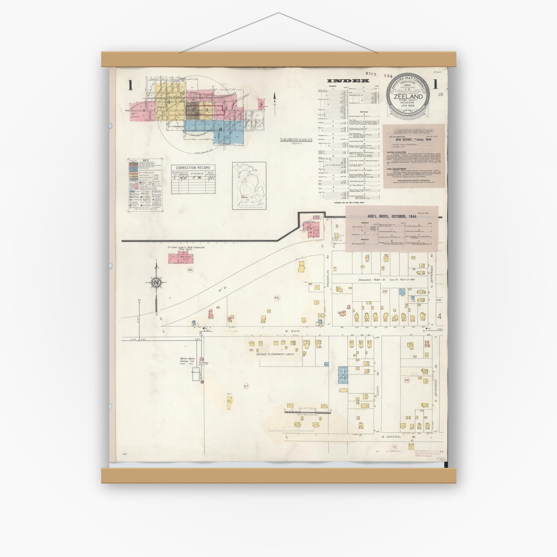 Old map wall art mockup — magnetic wood frame on white wall — Sanborn Fire Insurance Map from Zeeland, Ottawa County, Michigan (1944), Sheet #0001