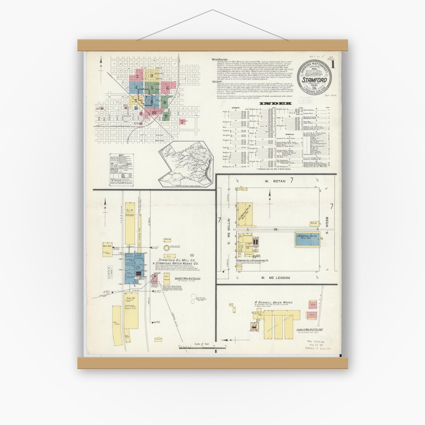 Old map wall art mockup — magnetic wood frame on white wall — Sanborn Fire Insurance Map from Stamford, Jones County, Texas (1913) - Complete Map Set