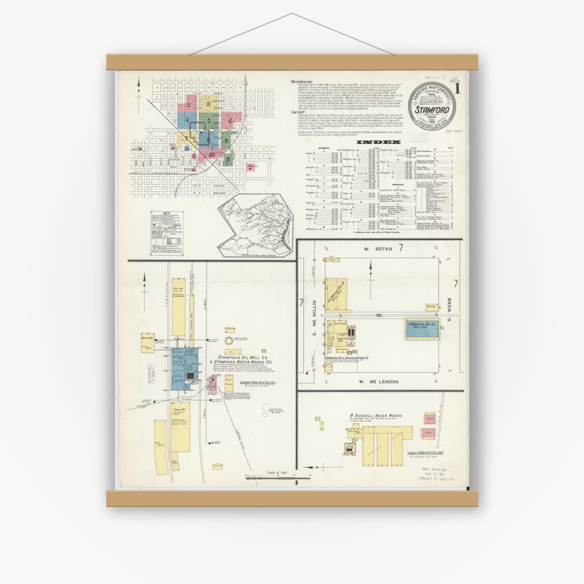 Old map wall art mockup — magnetic wood frame on white wall — Sanborn Fire Insurance Map from Stamford, Jones County, Texas (1913) - Complete Map Set