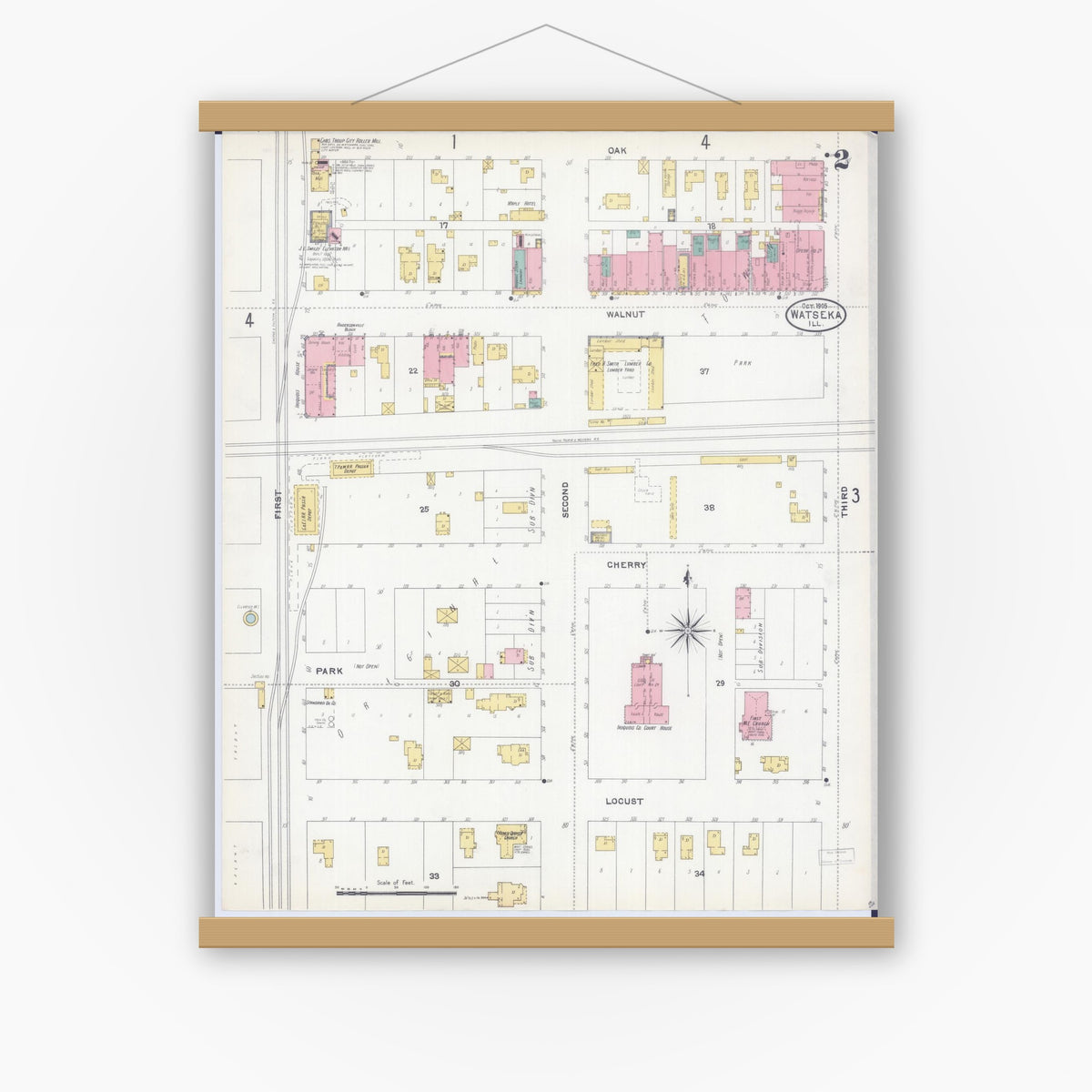 Old map wall art mockup — magnetic wood frame on white wall — Sanborn Fire Insurance Map from Watseka, Iroquois County, Illinois (1905), Sheet #0002