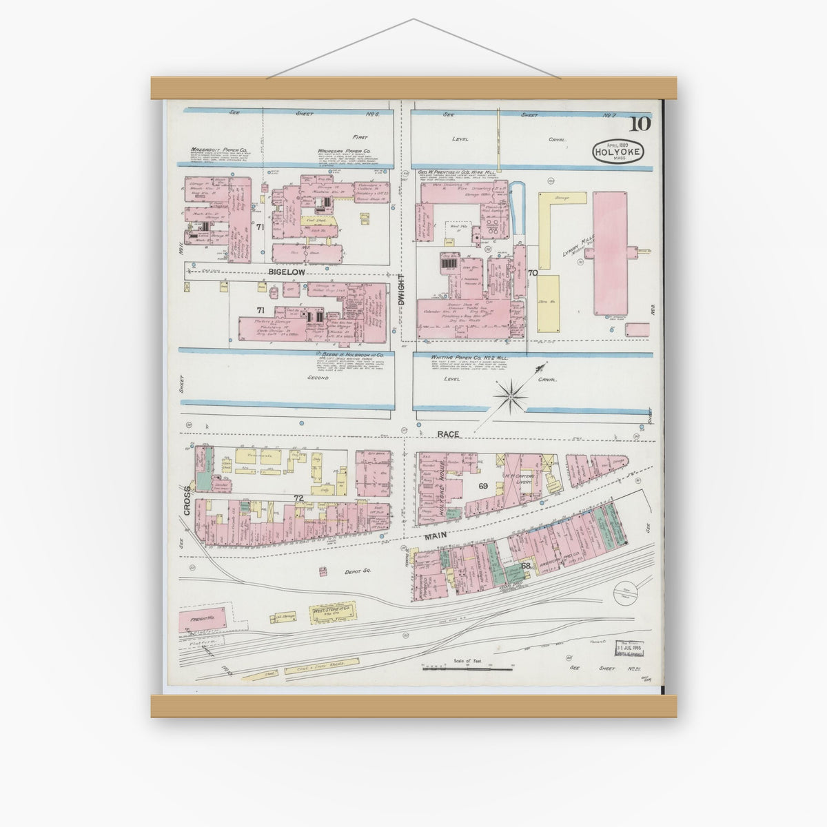 Old map wall art mockup — magnetic wood frame on white wall — Sanborn Fire Insurance Map from Holyoke, Hampden County, Massachusetts (1889), Sheet #0010