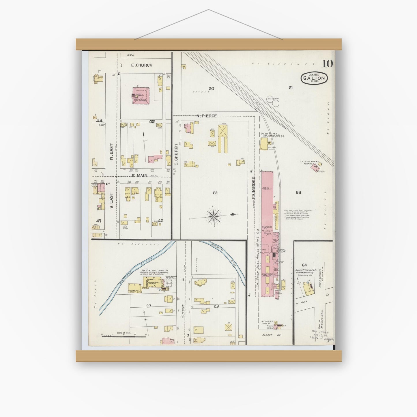 Old map wall art mockup — magnetic wood frame on white wall — Sanborn Fire Insurance Map from Galion, Crawford County, Ohio (1892), Sheet #0010
