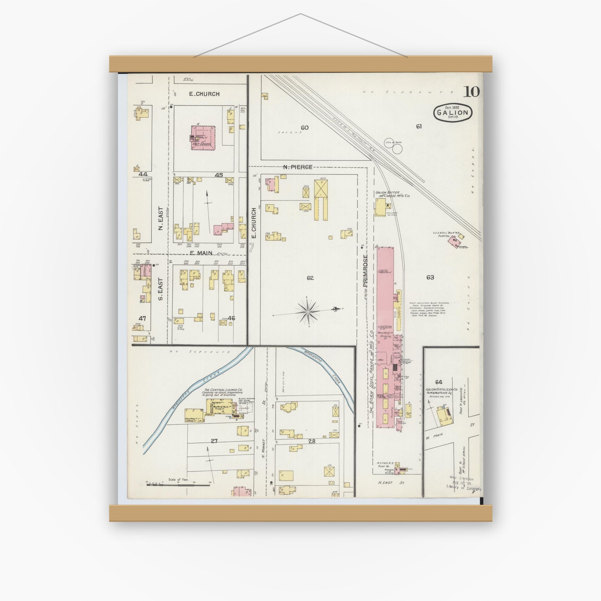 Old map wall art mockup — magnetic wood frame on white wall — Sanborn Fire Insurance Map from Galion, Crawford County, Ohio (1892), Sheet #0010