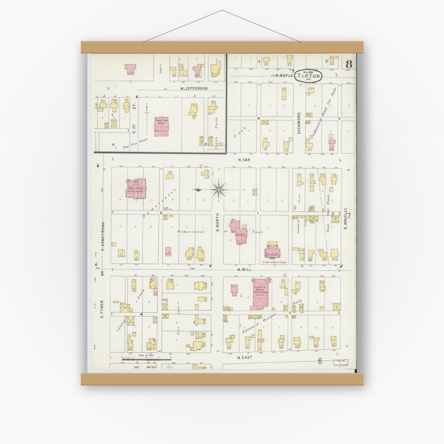 Old map wall art mockup — magnetic wood frame on white wall — Sanborn Fire Insurance Map from Tipton, Tipton County, Indiana (1896), Sheet #0008
