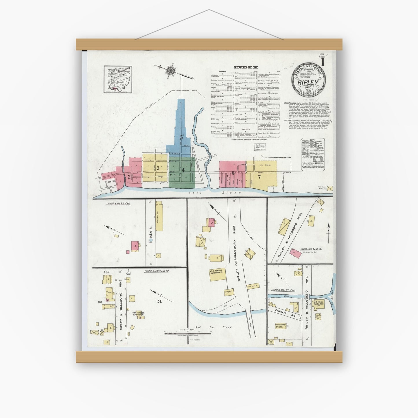Old map wall art mockup — magnetic wood frame on white wall — Sanborn Fire Insurance Map from Ripley, Brown County, Ohio (1920), Sheet #0001