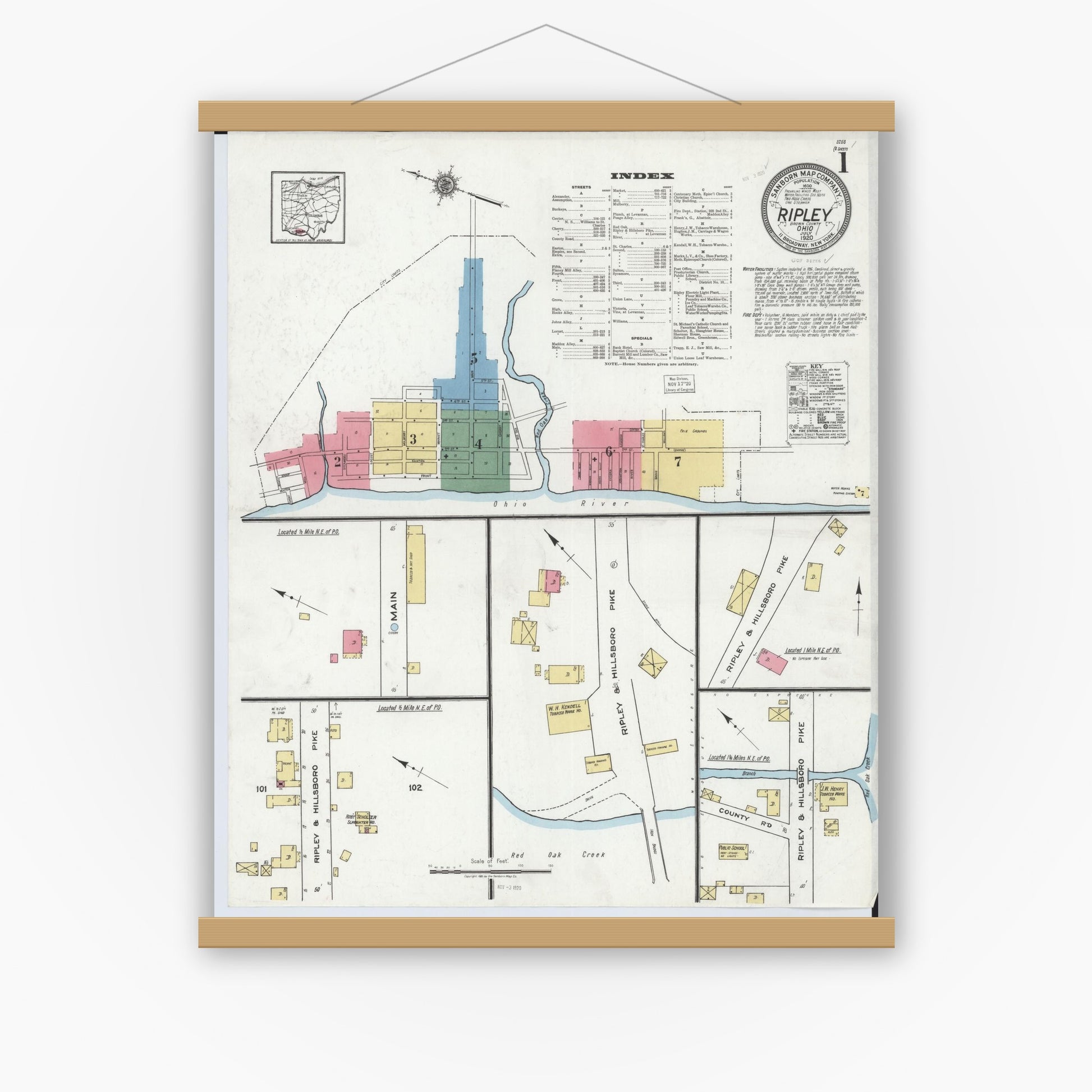 Old map wall art mockup — magnetic wood frame on white wall — Sanborn Fire Insurance Map from Ripley, Brown County, Ohio (1920), Sheet #0001