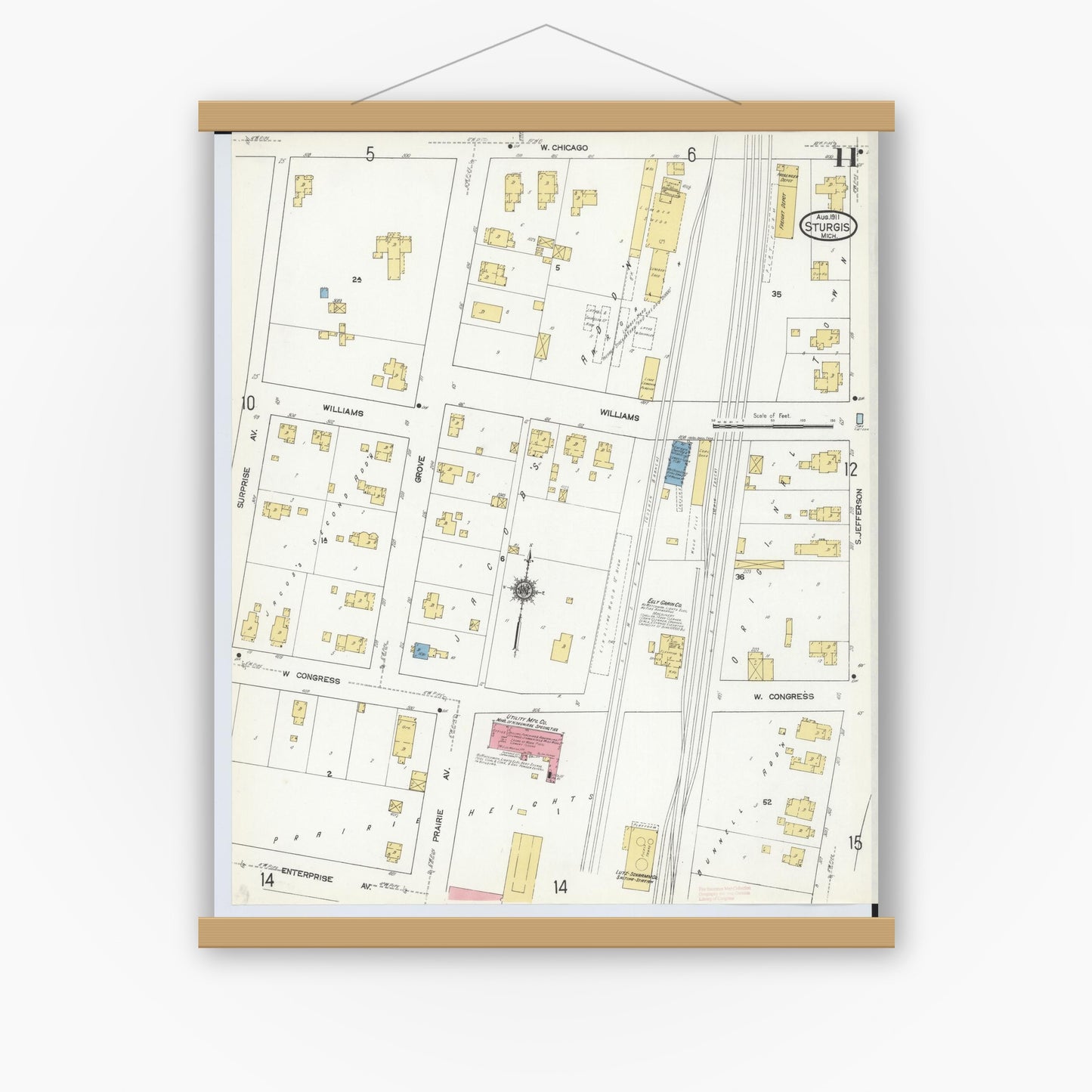 Old map wall art mockup — magnetic wood frame on white wall — Sanborn Fire Insurance Map from Sturgis, Saint Joseph County, Michigan (1911), Sheet #0011