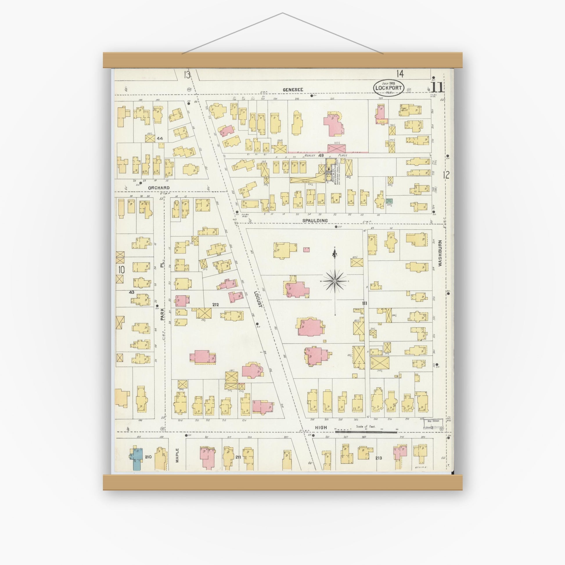 Old map wall art mockup — magnetic wood frame on white wall — Sanborn Fire Insurance Map from Lockport, Niagara County, New York (1903), Sheet #0011