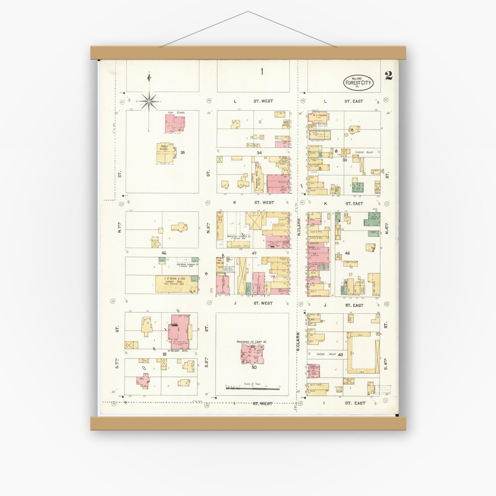 Old map wall art mockup — magnetic wood frame on white wall — Sanborn Fire Insurance Map from Forest City, Winnebago County, Iowa (1901), Sheet #0002