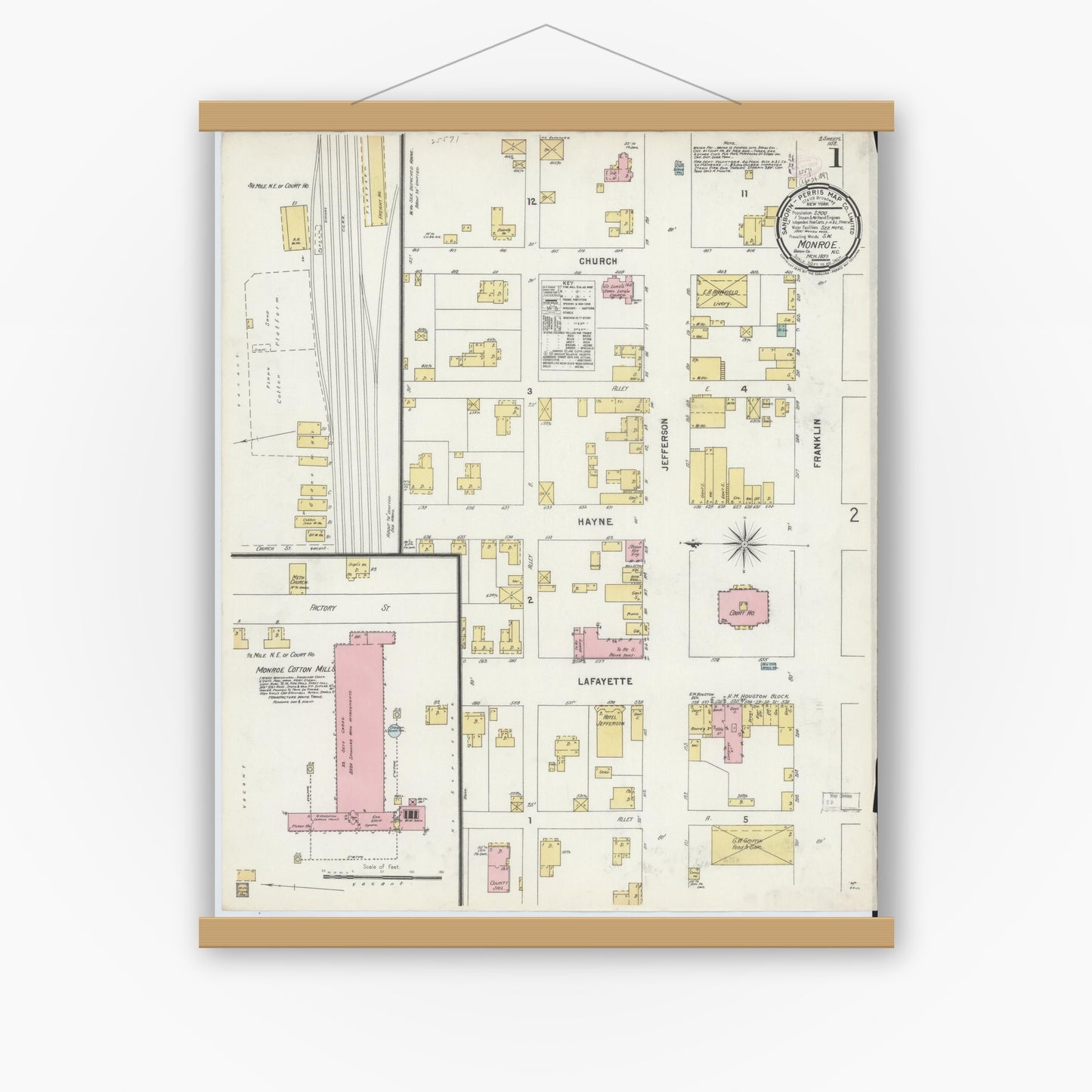 Old map wall art mockup — magnetic wood frame on white wall — Sanborn Fire Insurance Map from Monroe, Union County, North Carolina (1897) - Complete Map Set