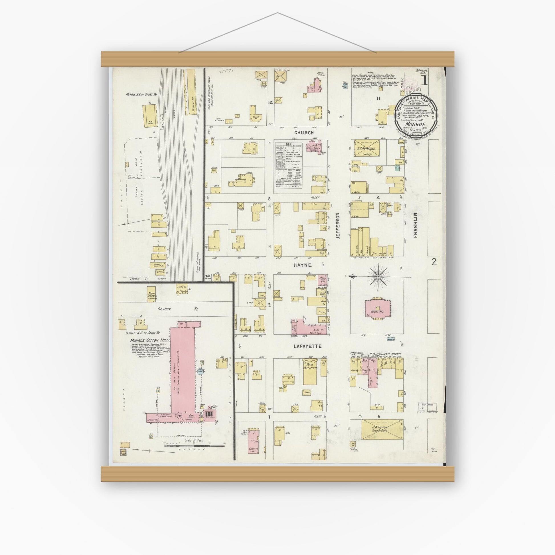 Old map wall art mockup — magnetic wood frame on white wall — Sanborn Fire Insurance Map from Monroe, Union County, North Carolina (1897) - Complete Map Set