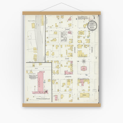 Old map wall art mockup — magnetic wood frame on white wall — Sanborn Fire Insurance Map from Monroe, Union County, North Carolina (1897) - Complete Map Set