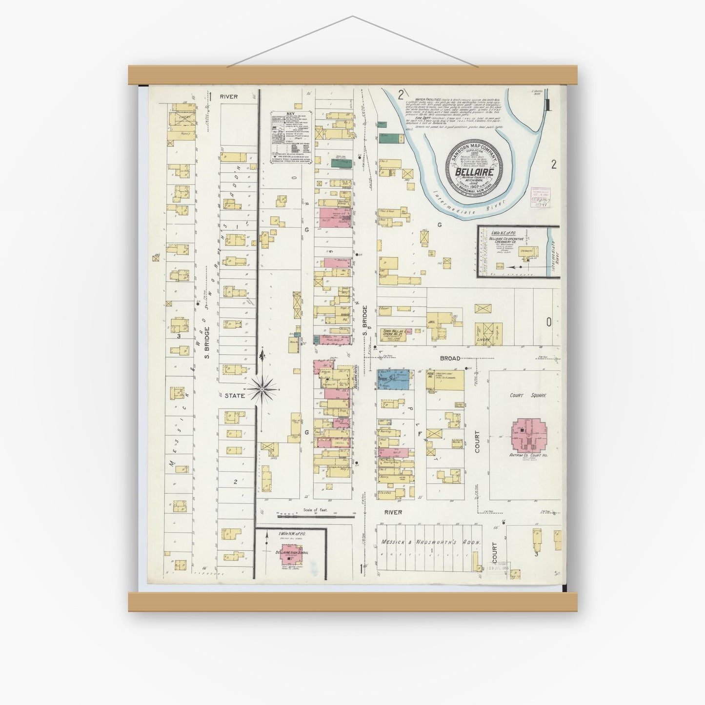 Old map wall art mockup — magnetic wood frame on white wall — Sanborn Fire Insurance Map from Bellaire, Antrim County, Michigan (1907) - Complete Map Set
