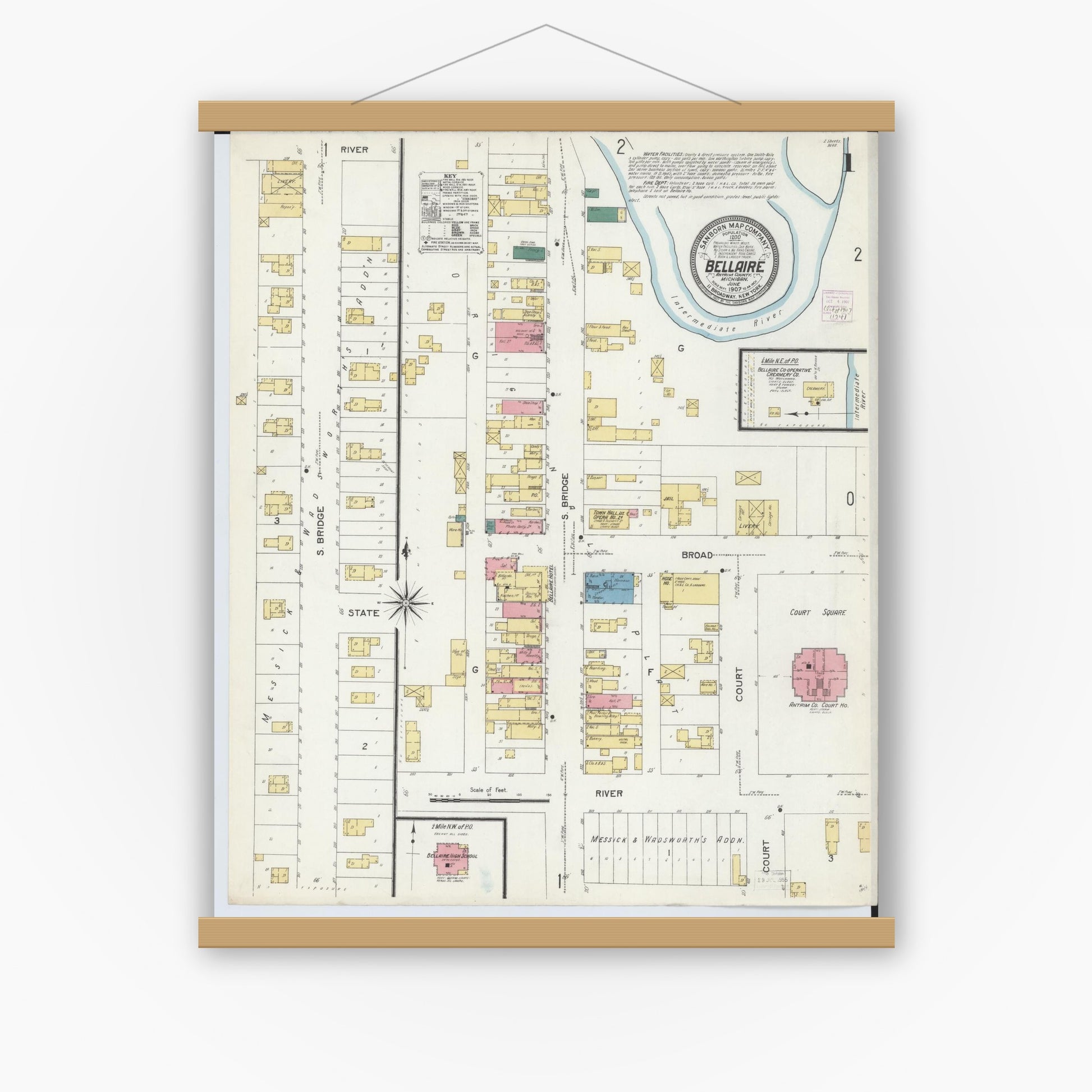 Old map wall art mockup — magnetic wood frame on white wall — Sanborn Fire Insurance Map from Bellaire, Antrim County, Michigan (1907) - Complete Map Set