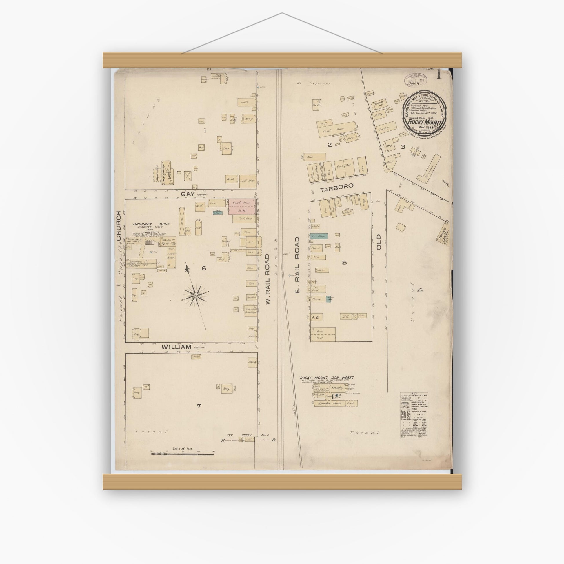 Old map wall art mockup — magnetic wood frame on white wall — Sanborn Fire Insurance Map from Rocky Mount, Edgecombe And Nash Counties, North Carolina (1885) - Complete Map Set