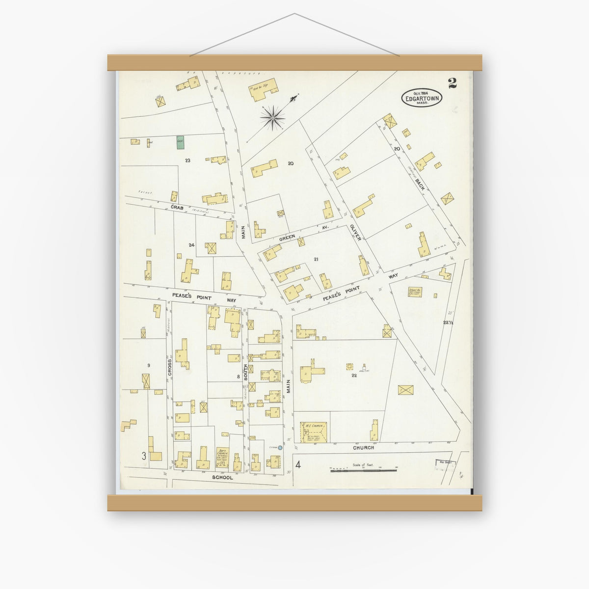 Old map wall art mockup — magnetic wood frame on white wall — Sanborn Fire Insurance Map from Edgartown, Dukes County, Massachusetts (1904), Sheet #0002