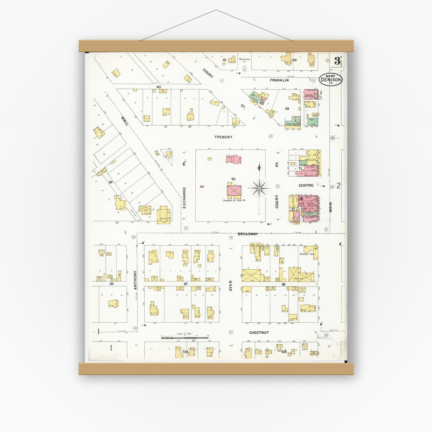 Old map wall art mockup — magnetic wood frame on white wall — Sanborn Fire Insurance Map from Denison, Crawford County, Iowa (1899), Sheet #0003