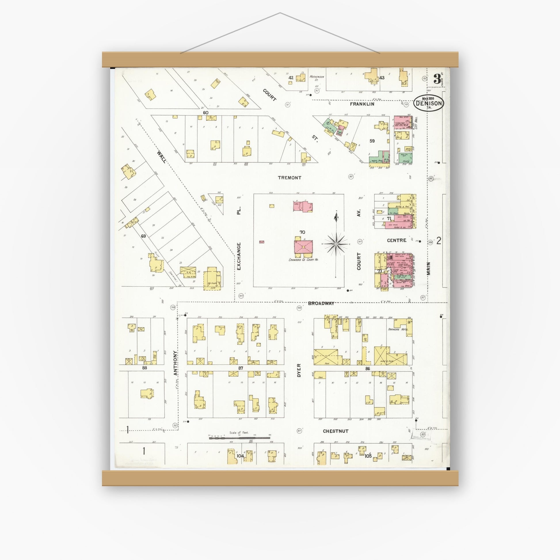 Old map wall art mockup — magnetic wood frame on white wall — Sanborn Fire Insurance Map from Denison, Crawford County, Iowa (1899), Sheet #0003