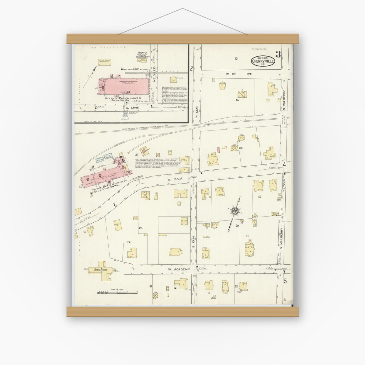 Old map wall art mockup — magnetic wood frame on white wall — Sanborn Fire Insurance Map from Cherryville, Gaston County, North Carolina (1914), Sheet #0003