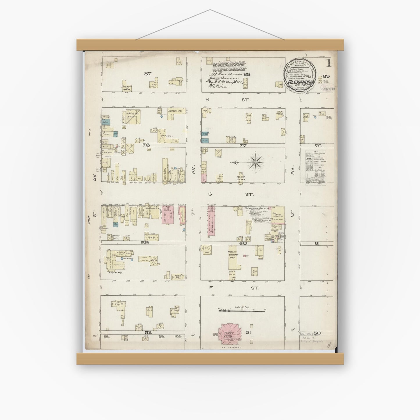 Old map wall art mockup — magnetic wood frame on white wall — Sanborn Fire Insurance Map from Alexandria, Douglas County, Minnesota (1885) - Complete Map Set