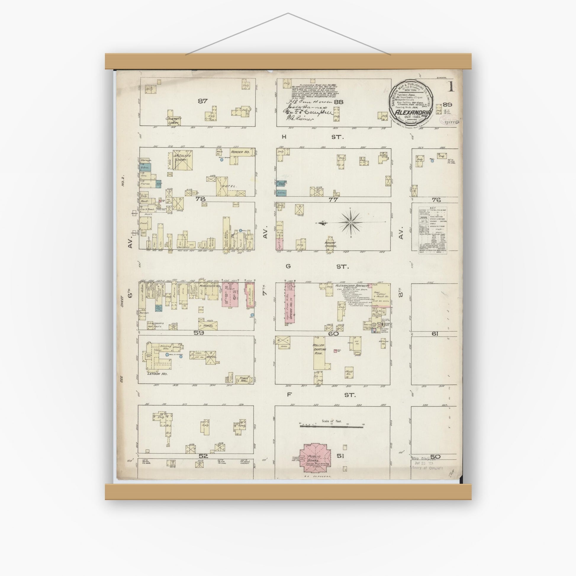 Old map wall art mockup — magnetic wood frame on white wall — Sanborn Fire Insurance Map from Alexandria, Douglas County, Minnesota (1885) - Complete Map Set