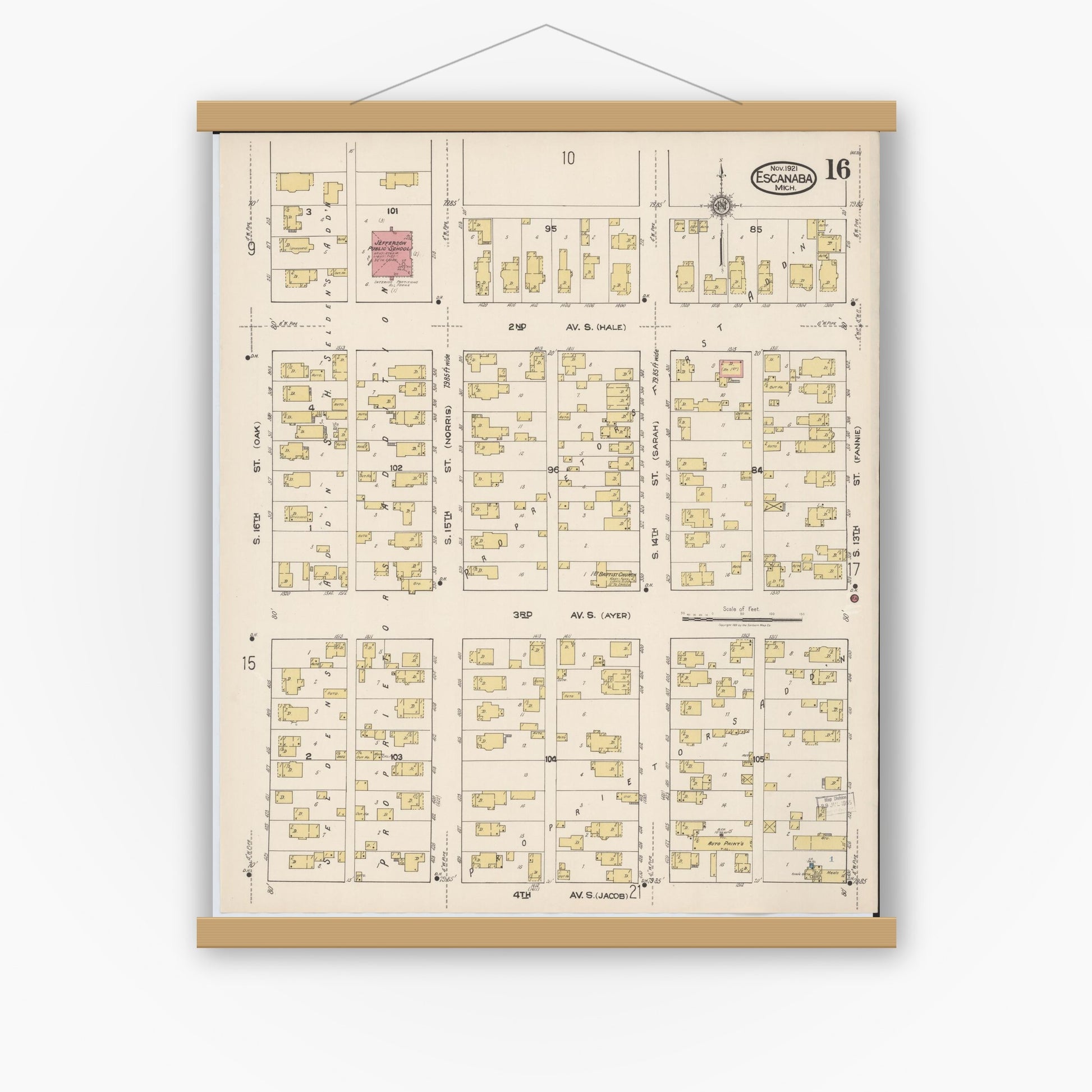 Old map wall art mockup — magnetic wood frame on white wall — Sanborn Fire Insurance Map from Escanaba, Delta County, Michigan (1921), Sheet #0016