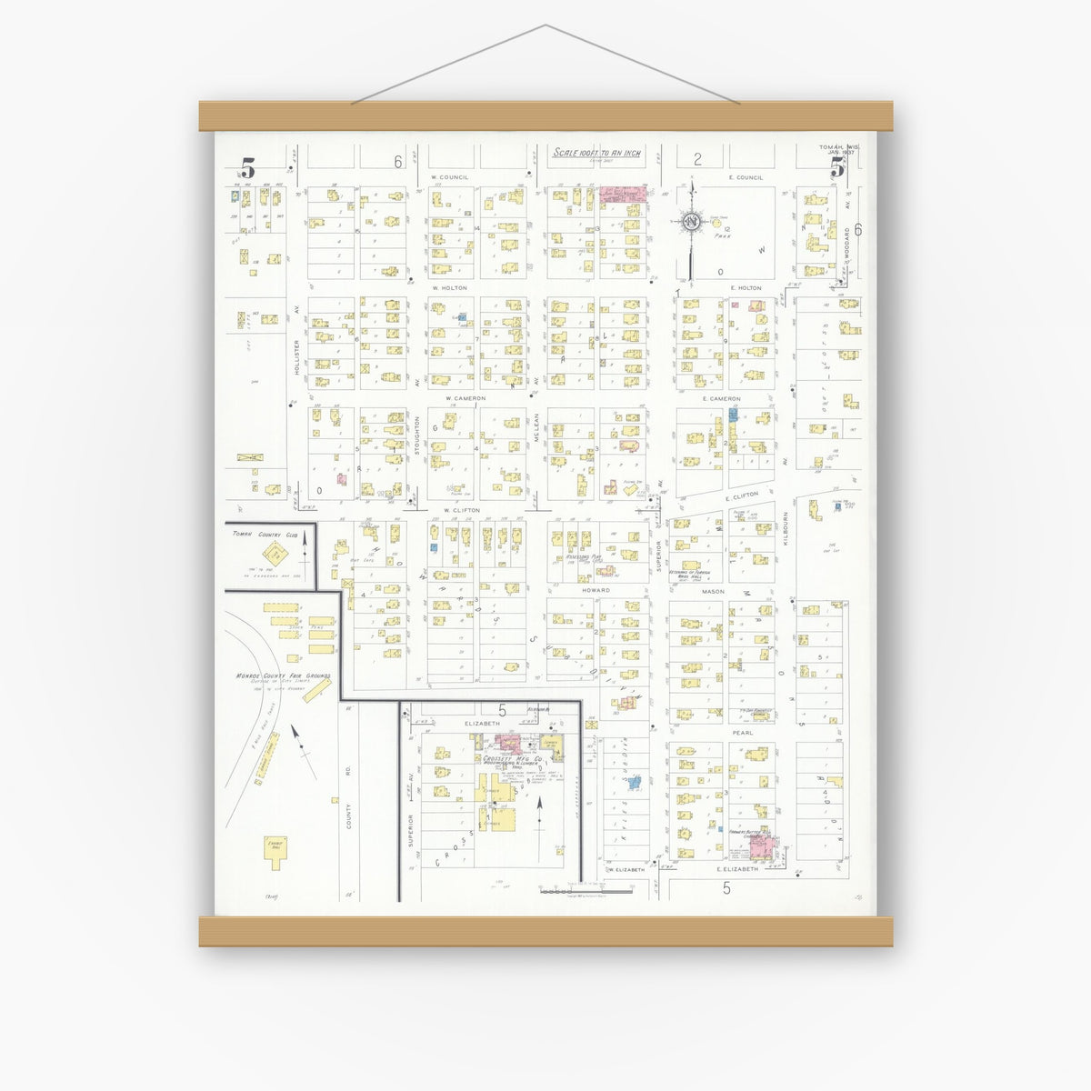 Old map wall art mockup — magnetic wood frame on white wall — Sanborn Fire Insurance Map from Tomah, Monroe County, Wisconsin (1937), Sheet #0005