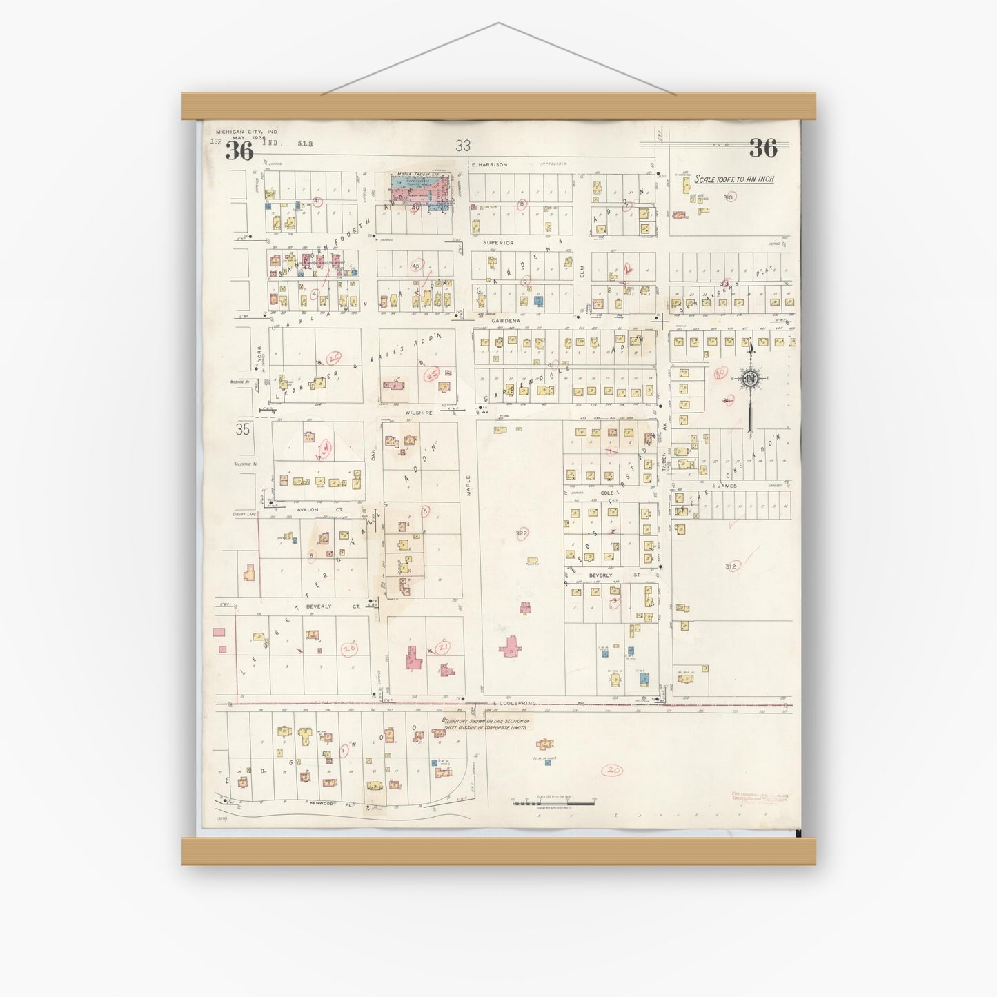 Old map wall art mockup — magnetic wood frame on white wall — Sanborn Fire Insurance Map from Michigan City, La Porte County, Indiana (1948), Sheet #0036