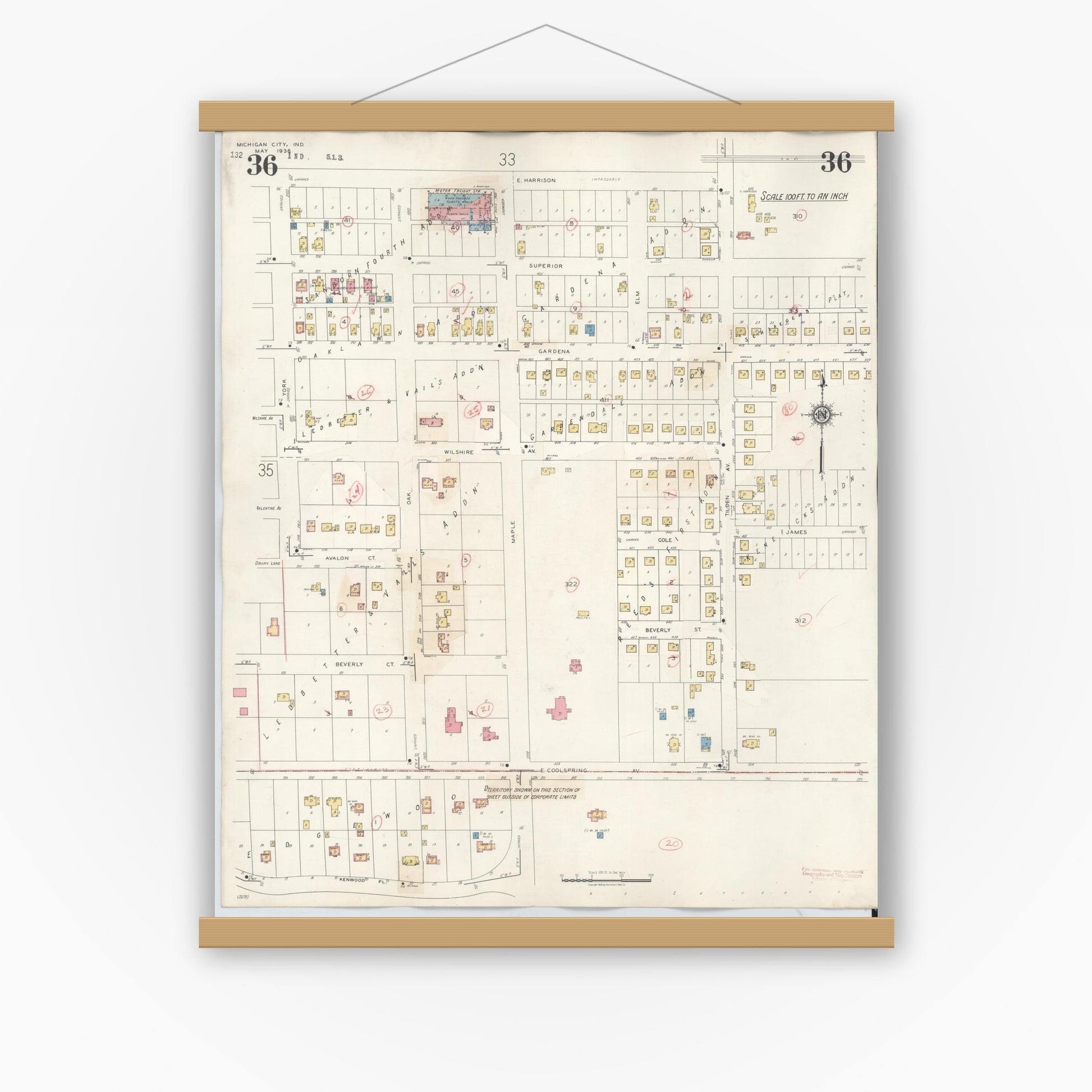 Old map wall art mockup — magnetic wood frame on white wall — Sanborn Fire Insurance Map from Michigan City, La Porte County, Indiana (1948), Sheet #0036