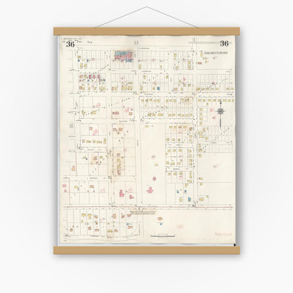 Old map wall art mockup — magnetic wood frame on white wall — Sanborn Fire Insurance Map from Michigan City, La Porte County, Indiana (1948), Sheet #0036