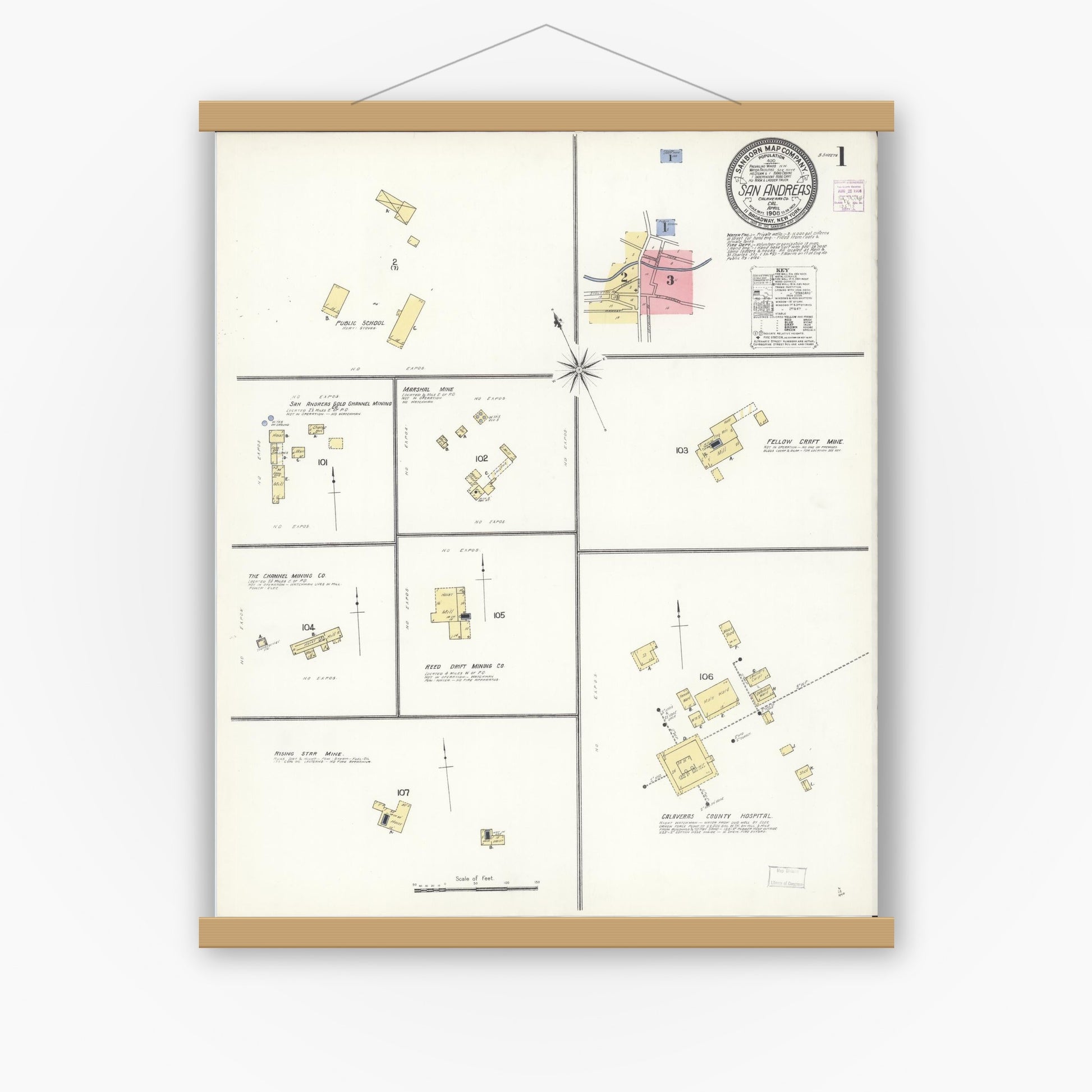 Old map wall art mockup — magnetic wood frame on white wall — Sanborn Fire Insurance Map from San Andreas, Calaveras County, California (1908) - Complete Map Set
