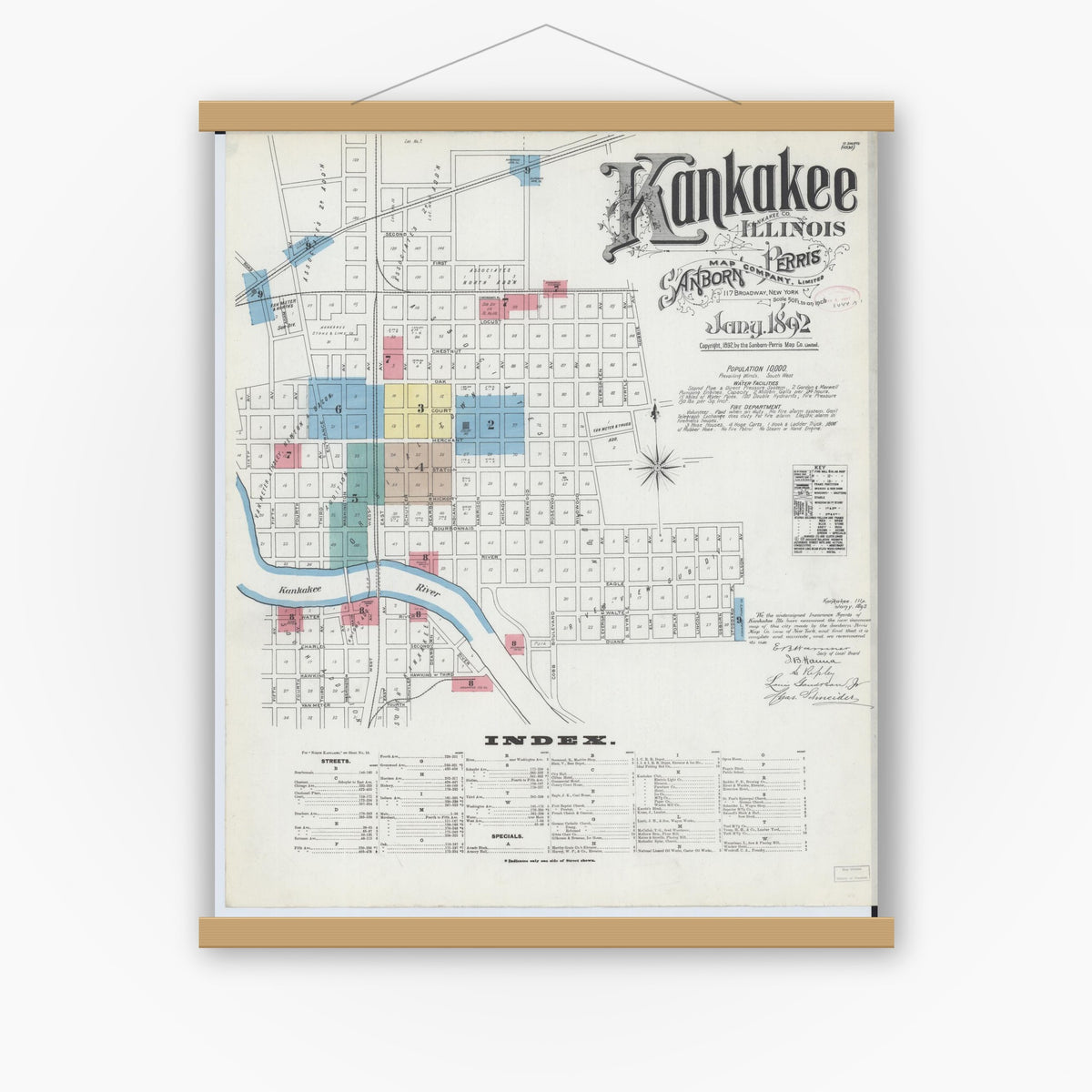 Old map wall art mockup — magnetic wood frame on white wall — Sanborn Fire Insurance Map from Kankakee, Kankakee County, Illinois (1892) - Complete Map Set