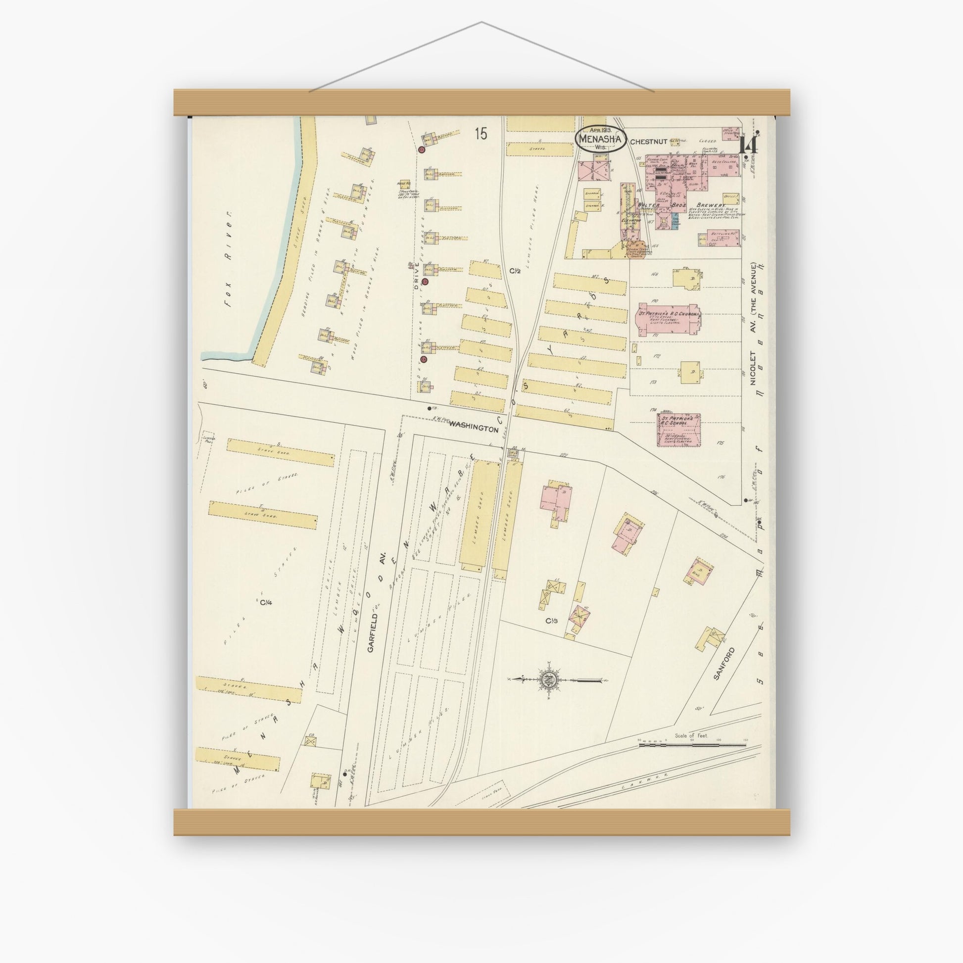 Old map wall art mockup — magnetic wood frame on white wall — Sanborn Fire Insurance Map from Menasha, Winnebago County, Wisconsin (1913), Sheet #0014