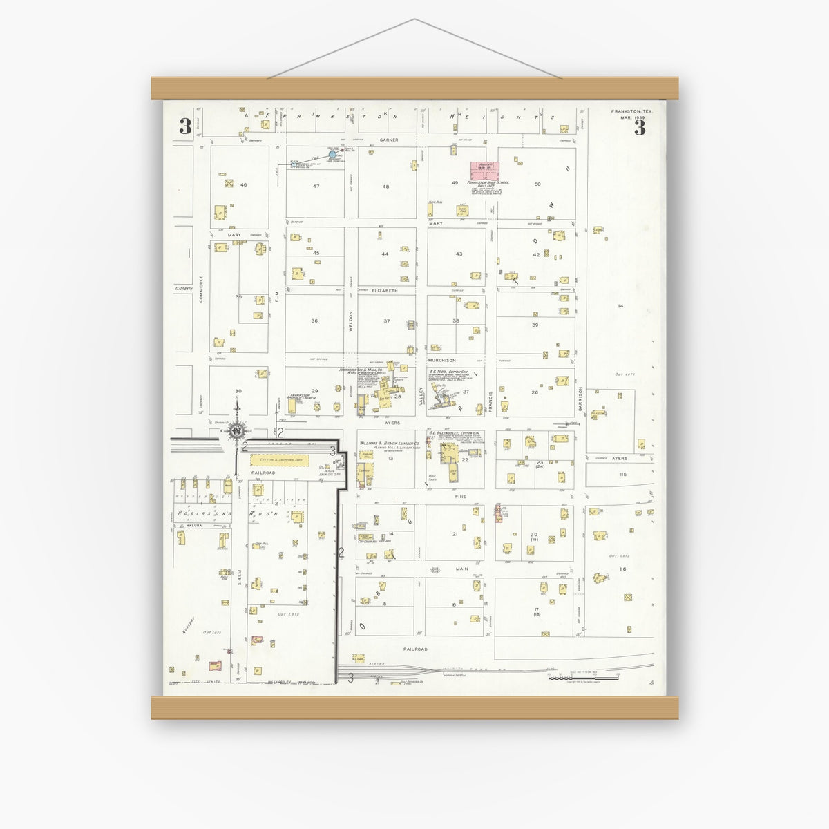 Old map wall art mockup — magnetic wood frame on white wall — Sanborn Fire Insurance Map from Frankston, Anderson County, Texas (1939), Sheet #0003