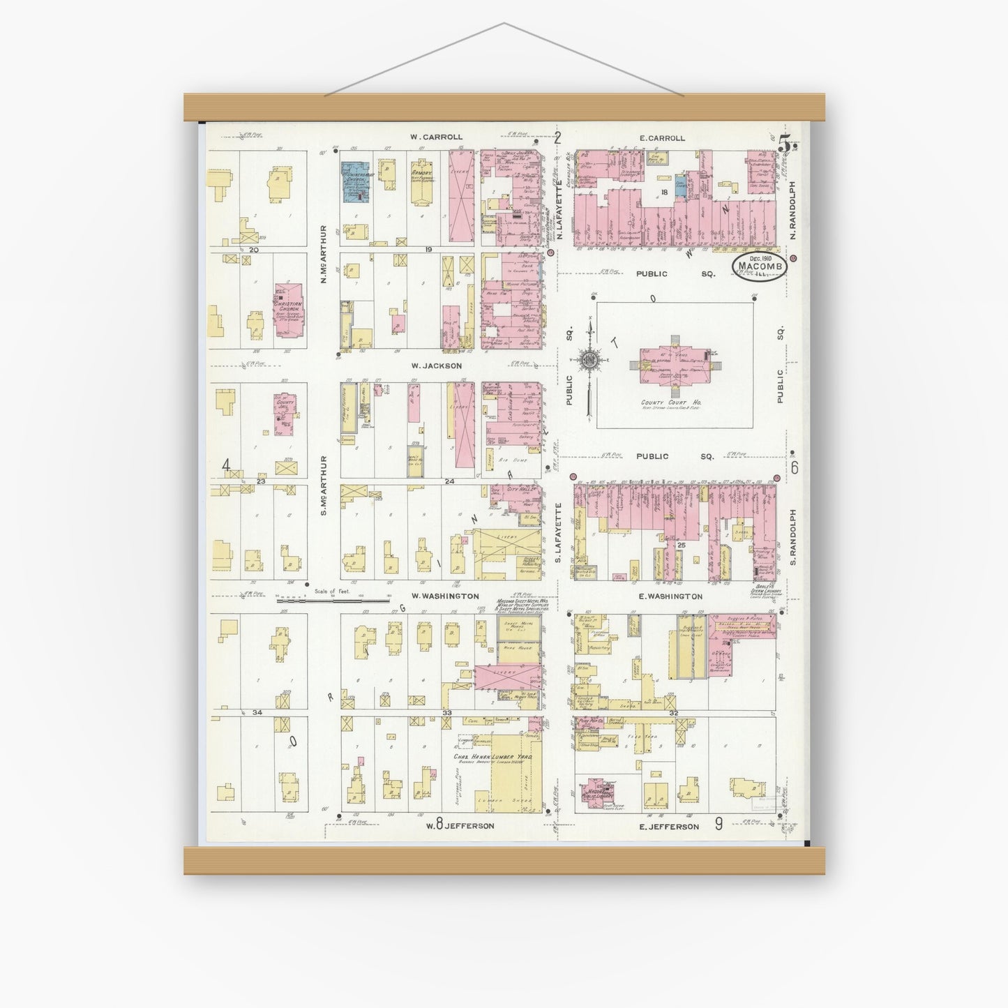 Old map wall art mockup — magnetic wood frame on white wall — Sanborn Fire Insurance Map from Macomb, Mcdonough County, Illinois (1910), Sheet #0005