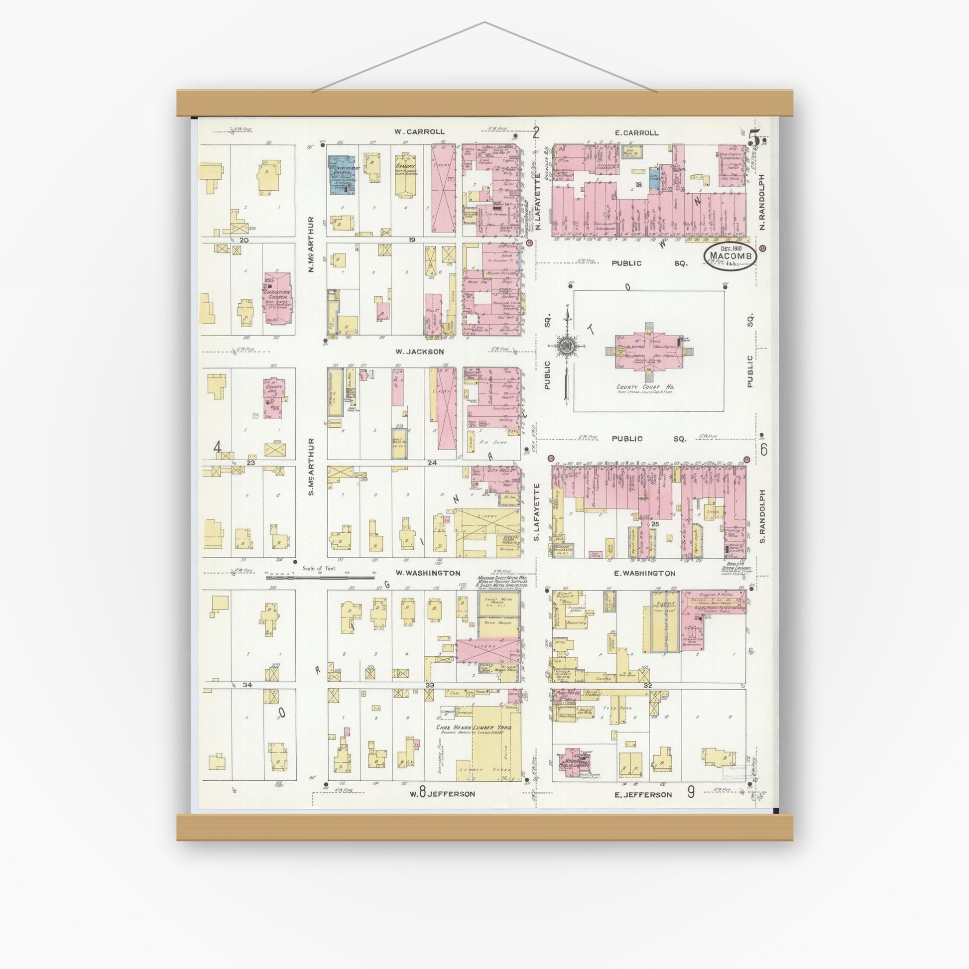 Old map wall art mockup — magnetic wood frame on white wall — Sanborn Fire Insurance Map from Macomb, Mcdonough County, Illinois (1910), Sheet #0005
