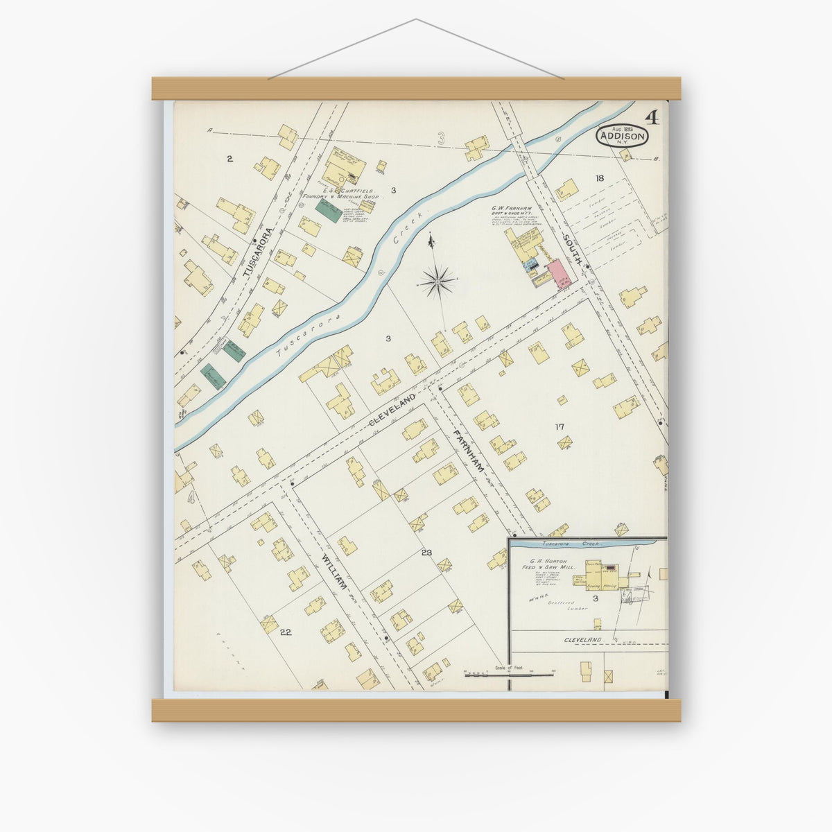 Old map wall art mockup — magnetic wood frame on white wall — Sanborn Fire Insurance Map from Addison, Steuben County, New York (1893), Sheet #0004
