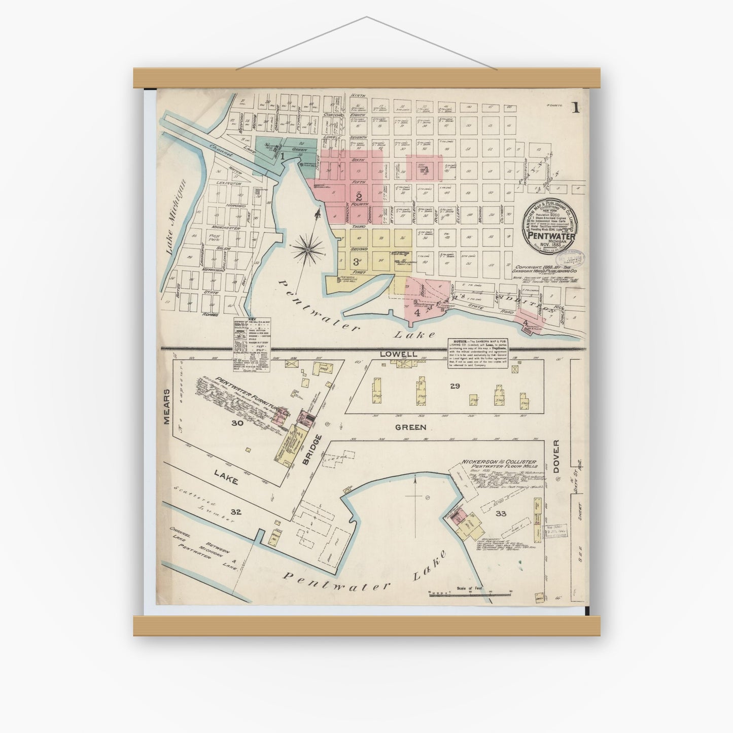 Old map wall art mockup — magnetic wood frame on white wall — Sanborn Fire Insurance Map from Pentwater, Oceana County, Michigan (1883) - Complete Map Set