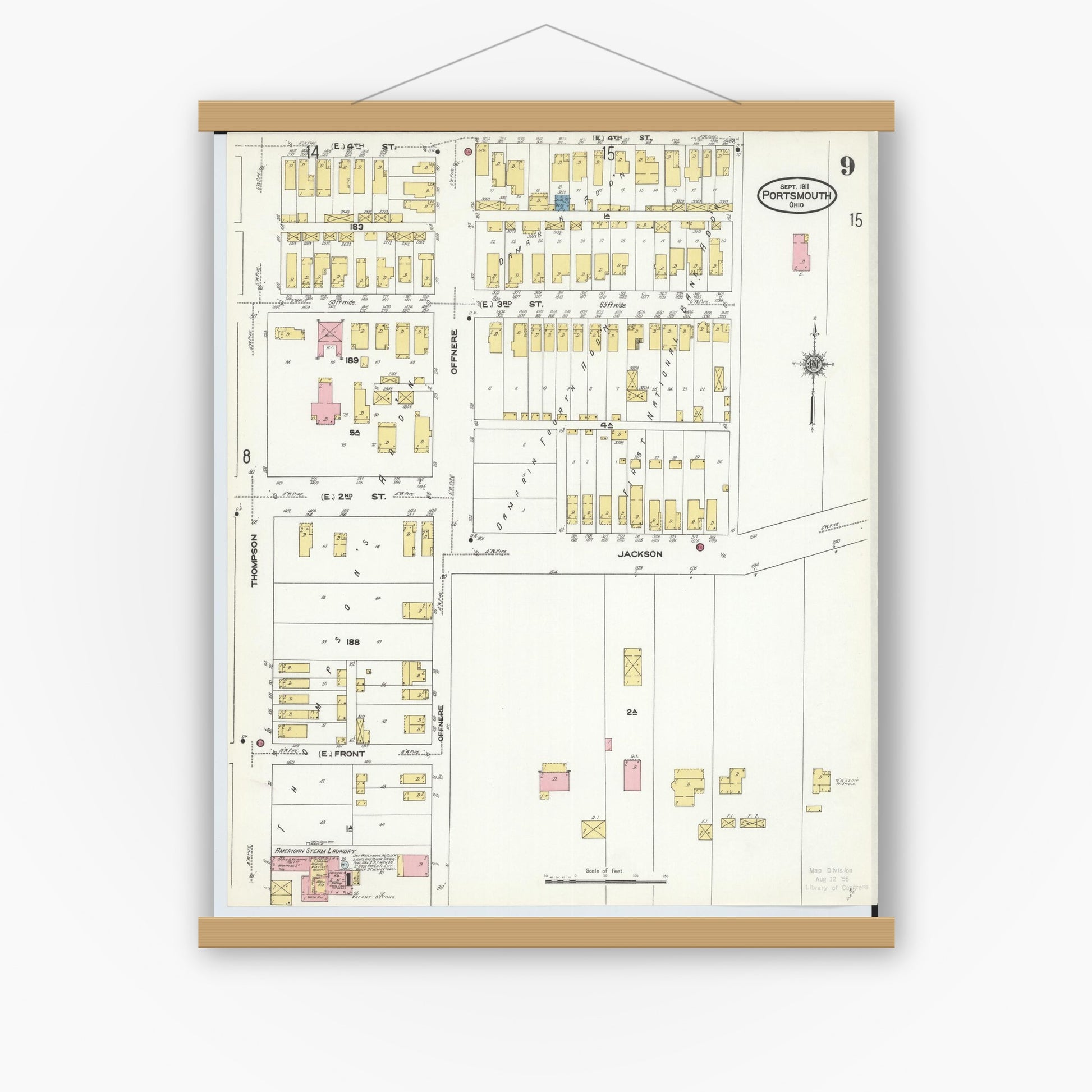 Old map wall art mockup — magnetic wood frame on white wall — Sanborn Fire Insurance Map from Portsmouth, Scioto County, Ohio (1911), Sheet #0009