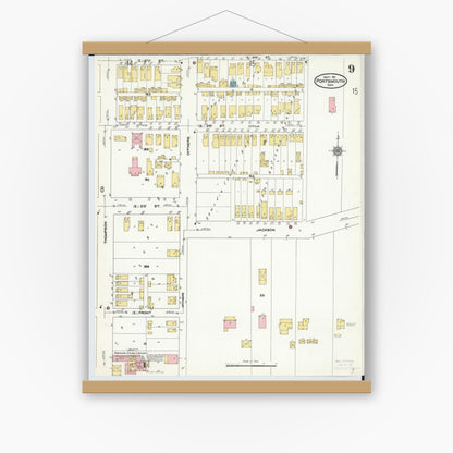 Old map wall art mockup — magnetic wood frame on white wall — Sanborn Fire Insurance Map from Portsmouth, Scioto County, Ohio (1911), Sheet #0009