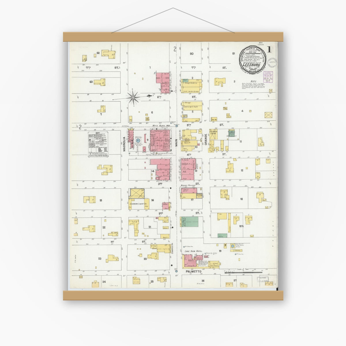 Old map wall art mockup — magnetic wood frame on white wall — Sanborn Fire Insurance Map from Leesburg, Lake County, Florida (1901), Sheet #0001