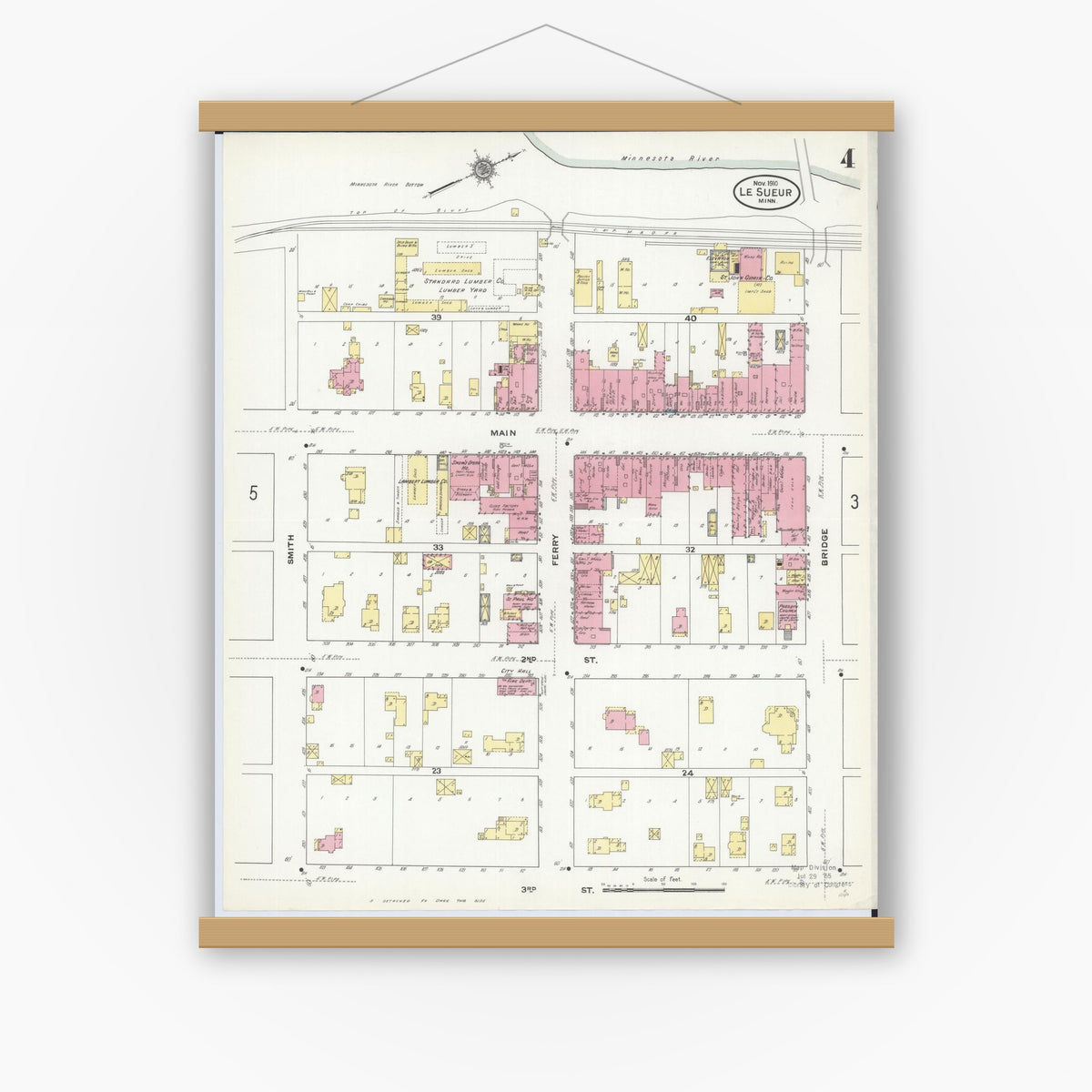 Old map wall art mockup — magnetic wood frame on white wall — Sanborn Fire Insurance Map from Le Sueur, Le Sueur County, Minnesota (1910), Sheet #0004