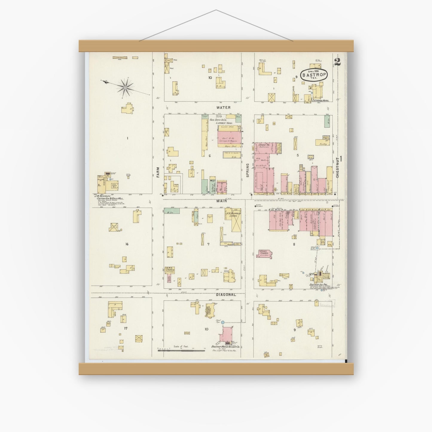 Old map wall art mockup — magnetic wood frame on white wall — Sanborn Fire Insurance Map from Bastrop, Bastrop County, Texas (1896), Sheet #0002
